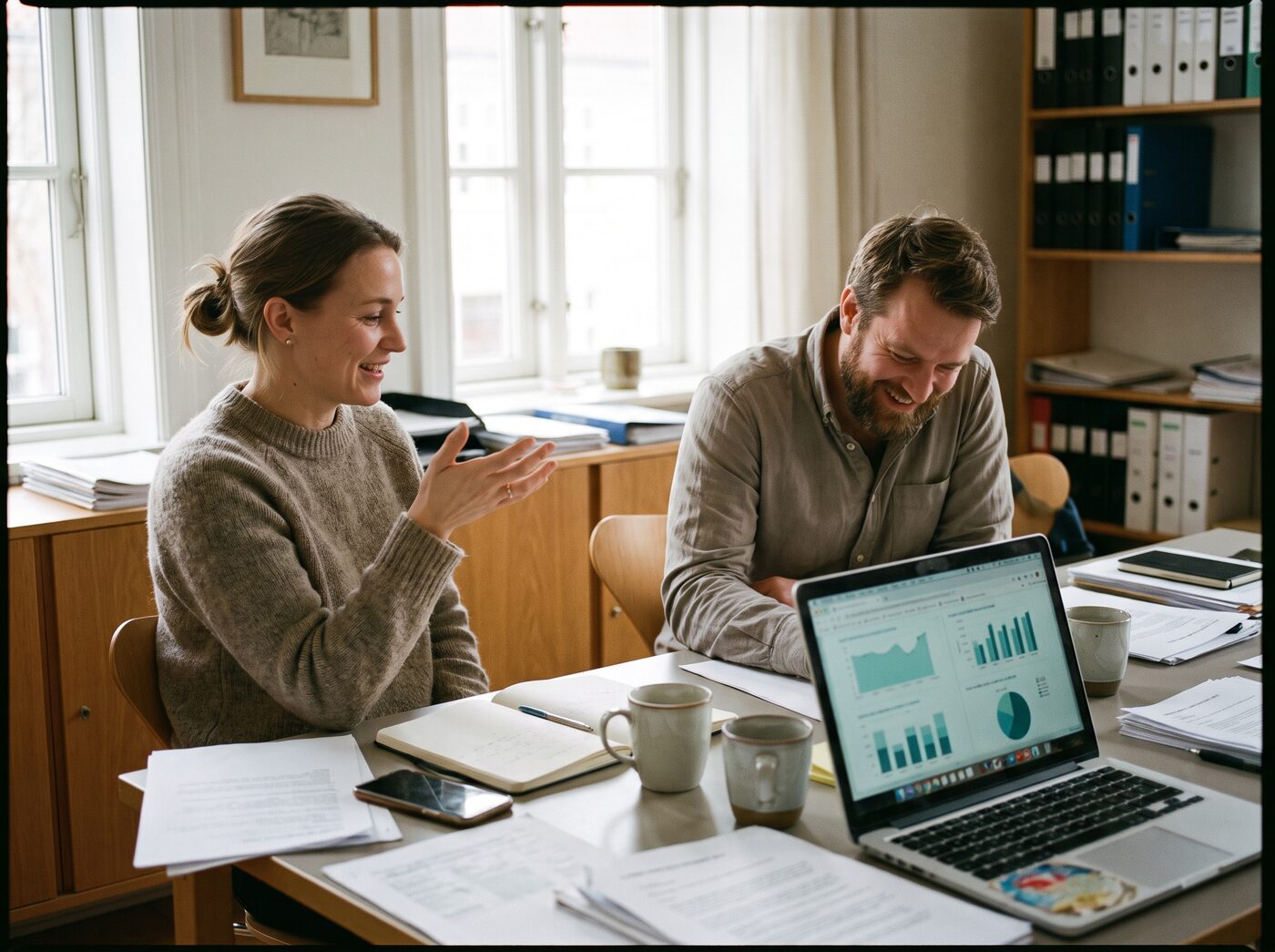 Two MediaCatch insights specialists discussing Audience Panel report charts at a desk
